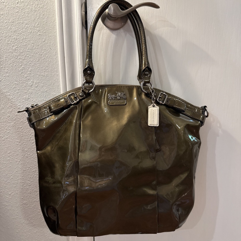 AUTH COACH MADISON LINDSAY PATENT LEATHER LARGE SATCHEL BAG PURSE 18627 Olive